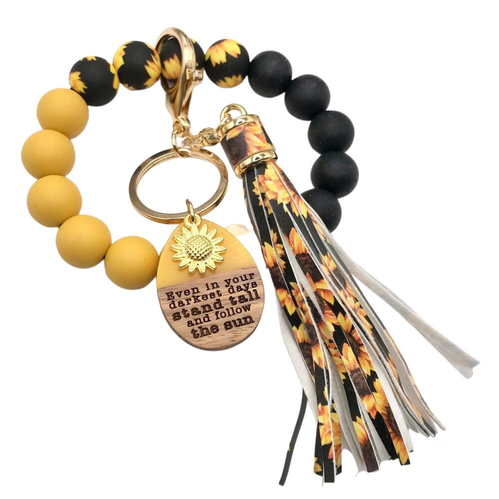 3006 Sunflower Wristlet Keychain Silicone Bead with Engraved Pendant